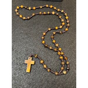 Natural Tigers Eye Stone Rosary Necklace Hand Knotted Cross Pendant 17 Inch